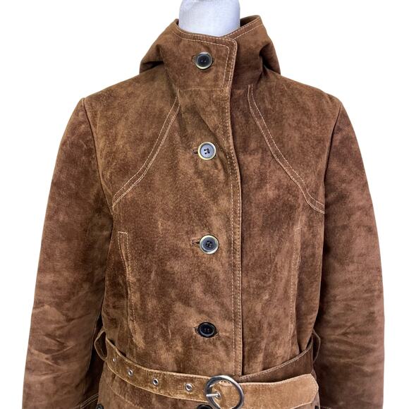 Vintage Retro 70s 80s Suede Jacket Hip Length Hooded Belted Brown Fitted XS - Picture 2 of 16